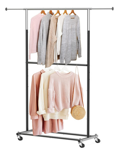 Rack Perchero Con Ruedas Para Ropa Doble Nivel Color Negro
