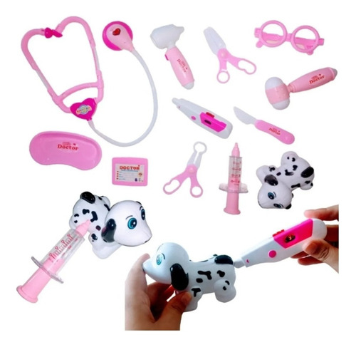 Kit Veterinário Médico Infantil Com Luz E Som 12 Peças Fenix Cor Rosa