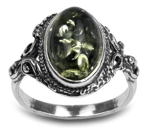 Anillo Ovalado De Plata Esterlina Verde Ámbar