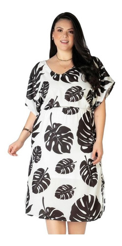 Vestido Curto Soltinho Estampado Folhas Plus Size Feminino