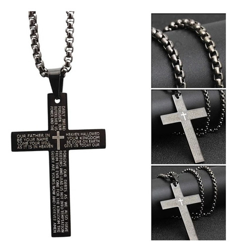 Cordão Corrente Colar Crucifixo Cruz Aço Titânio Preto Doura Cor Preto 70cm