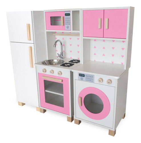 Kit Mini Cozinha Infantil Com Geladeira E Máquina De Lavar Cor Rosa