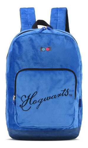 Mochila Escolar Básica Aveludada Hogwarts Harry Potter Azul
