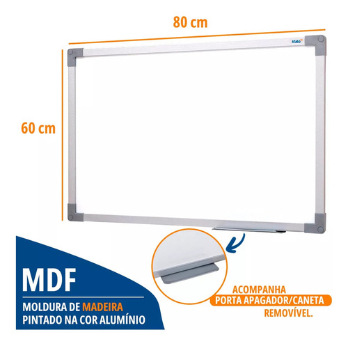 Lousa Quadro Branco 80x60 Cm Moldura Soft Alumínio Com 3 Canetas E Apagador Trabalho Escolar Aula Empresa