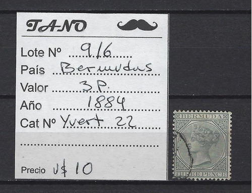Lote916 Bermudas 3 Pence Año 1884 Yvert# 22