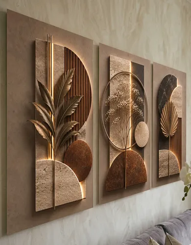 Conjunto 3 Quadros Geométricos Marrom Dourado Sala Moderna