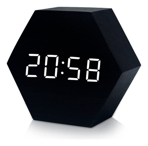 Reloj Y Despertador Minimalista Madera Led Digital Hexágono Color Negro Con Blanco