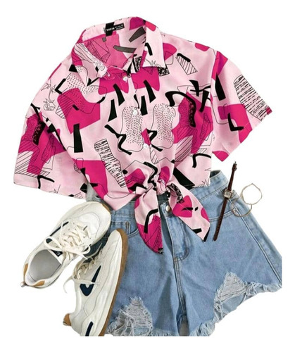 Shein Essnce Camisa Corta Con Estampado De Dibujo Fuccia 