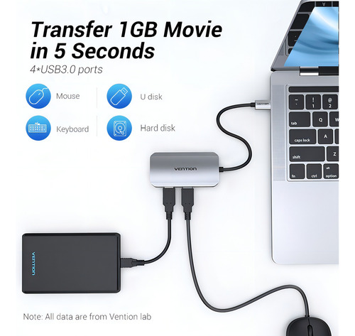 Hub USB Multipuerto Vention - 5 en 1 - Usb C + 4 Puertos Usb 3.0 + Power delivery USB C 100W - 5Gbps - Carcasa Aluminio - 15 CM - Premium Para Teclado / Disco rigido / Mac / Laptop - TGHHB