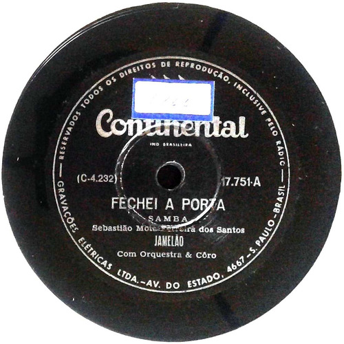 78 Rpm Jamelão 1959 Selo Continental 17751