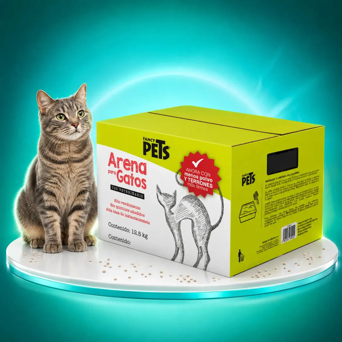 Arena Para Gato Fancy Pets 12.5 kg, Aglutinante De Bentonita Granulada, Forma Grumos Firmes, Ayuda Al Control De Malos Olores, Libre De Polvo Y Sin Químicos Añadidos