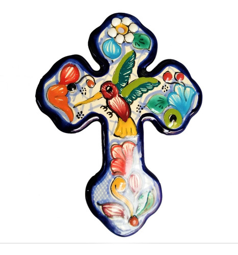 Cruz De 15 Cm Talavera 100% Orig. Con Dibujo De Colibrí 3 Pz