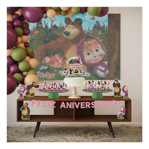 Kit Festa Masha E O Urso 39 Itens Painel + Faixa + Enfeites