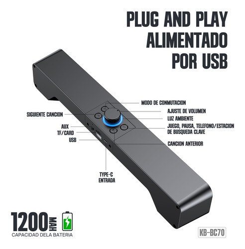 Parlante Kbod Soundbar Kb-bc70 Bluetooth Gamer 10w Rgb
