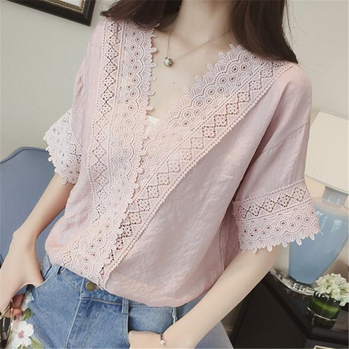Blusa De Chifón Con Cuello En V Y Manga Corta En Color Liso