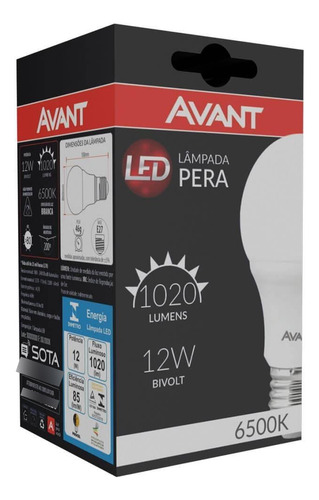 Lâmpada Pera Led Bulbo 12w E27 Luz Branco Frio 6500k Avant