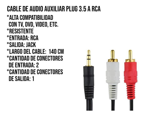 Imagen 3 de 10 de Cable De Audio Auxiliar Plug 3.5 A Rca 1 Metro 11-1004