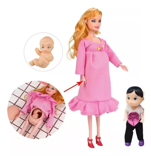 Boneca Estilo Barbie Grávida Articulada + 3 bebês!