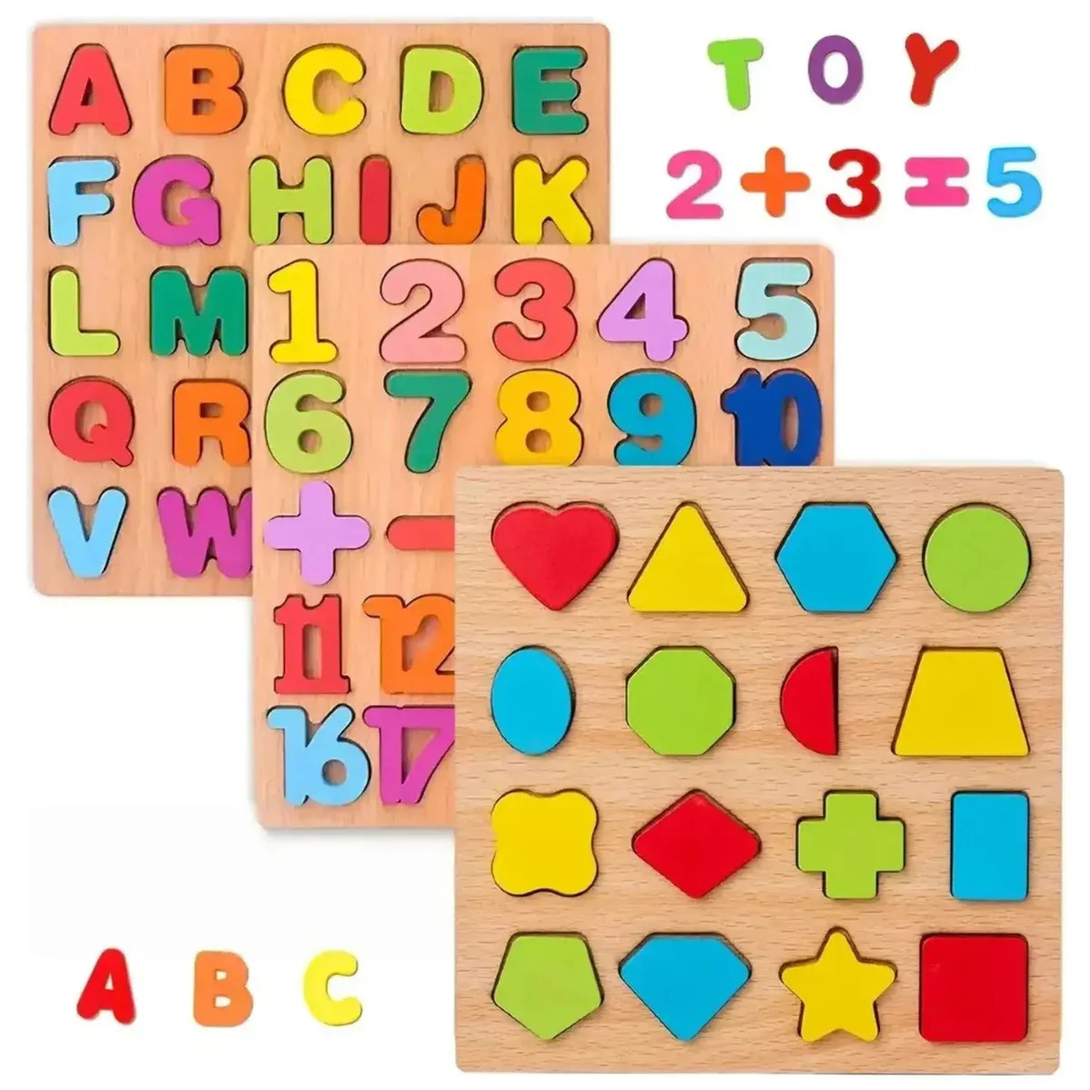 Kit 3 Jogos Brinquedos Educativos de Madeira Alfabeto Números Formas Infantil Menino Menina Montessori Educação Alfabetização Matemática Didático Pedagógico