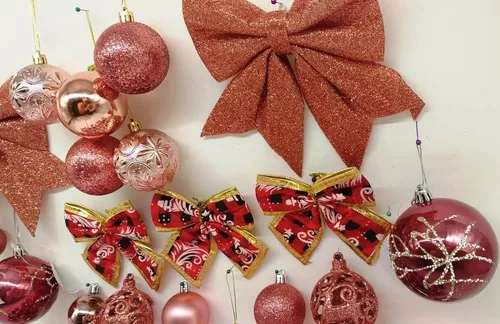 Conjunto Rose Gold Decoração Árvore Natal Bolas Pinhas