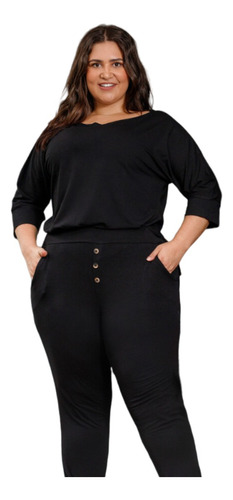 Conjunto Blusa Manga 3/4 E Calça Com Botões Plus Size Mazal