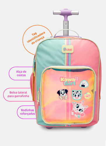 Mochila Com Rodinha Color Block Rosa Puket
