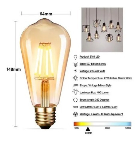 Imagen 1 de 4 de Lampara Luz Led Filamento Vintage 4w Retro Forma Bulbo