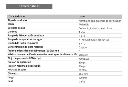 Membrana Ósmosis Inversa Purikor 400g, Modelo Pkro-3013-400