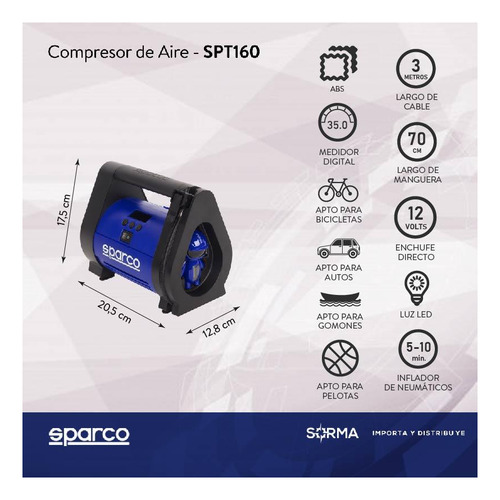 Imagen 2 de 9 de Compresor Aire Sparco C/medidor De Presión Y Linterna Led.