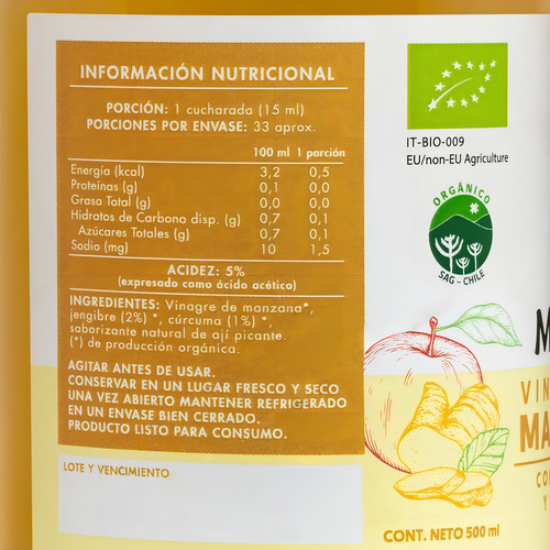 Vinagre De Manzana Con Jengibre Y Curcuma 500ml - Manare