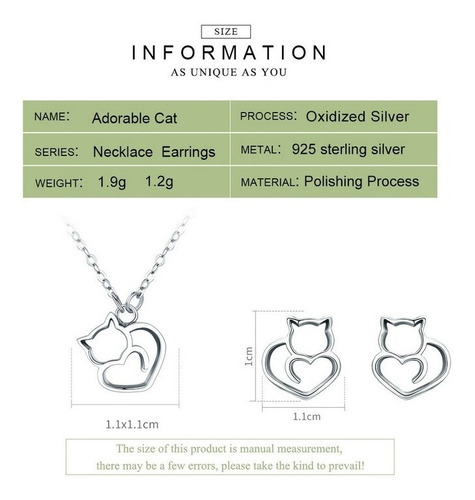 Collar Y Aretes Para Mujer Gato Adorable En Plata 925