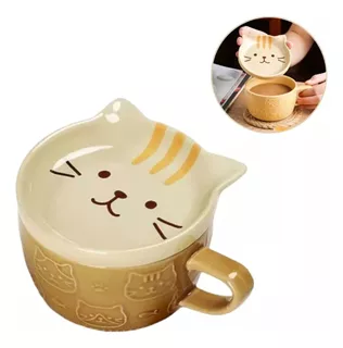 Juego De Taza Con Plato Diseño Kawai Gato Beige