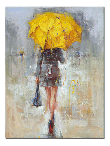 Lienzo Abstracto Pintura De Una Chica Lluviosa Con Paraguas