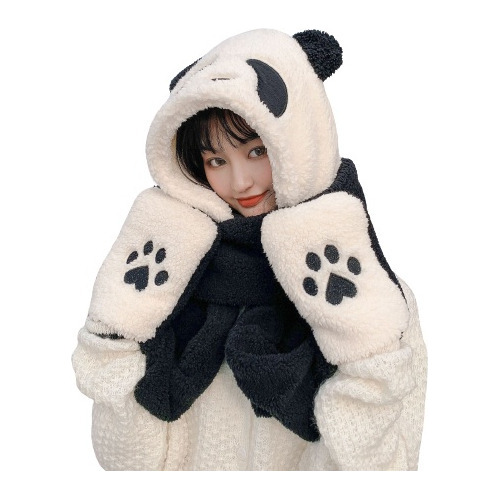 Panda Bufanda Gorro Guantes Set Invierno Grueso Niño Adulto