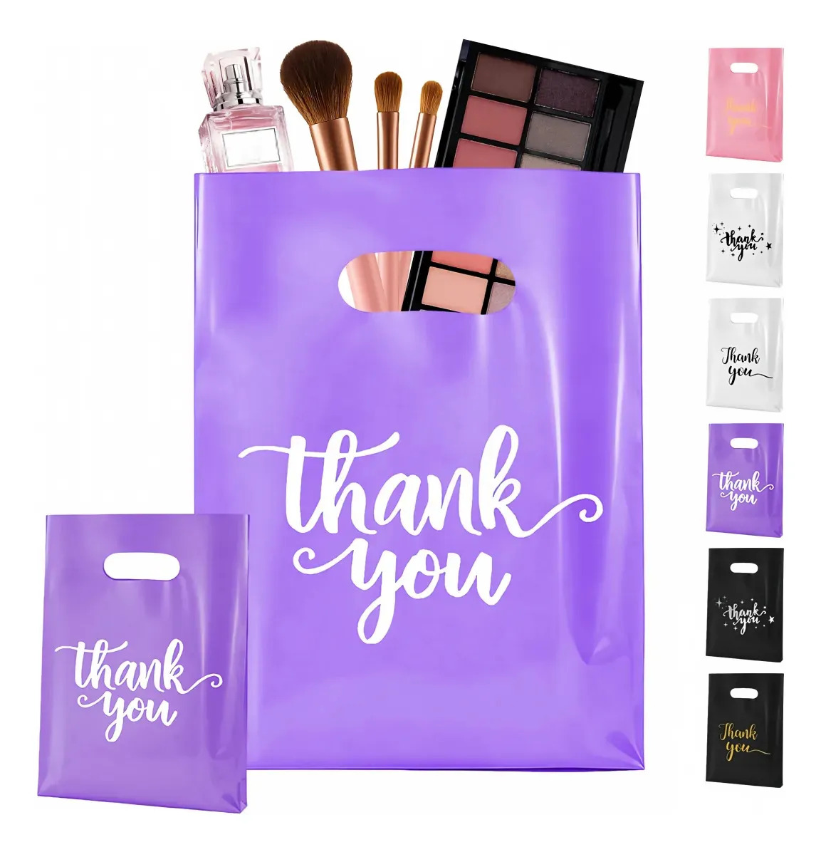 Imagen de Pack 200 Bolsas Boutique Moradas de Plástico con Asa, "Gracias" para Regalos y Compras - 20x30 cm