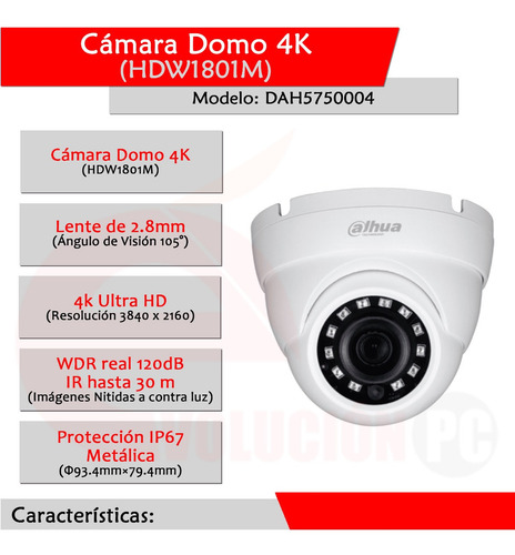 Cámara Domo 4k Eyeball Dahua Hdw1801m Hdcvi Tvi A Hd Y Cbvs