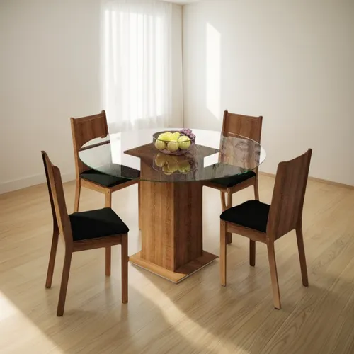 Juego De Comedor Con Mesa Redonda De Vidrio Y 4 Sillas Rústi Color Negro