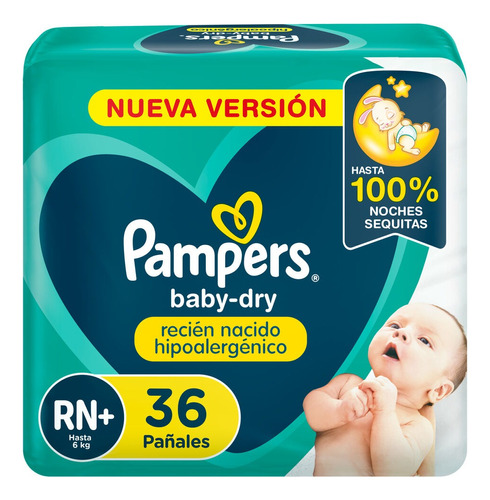 Pampers Baby Dry Recién Nacido Hipoalergénico, Pañales Desechables Talle RN+ 36 Unidades