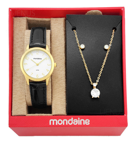 Relógio De Pulso Mondaine Com Corria De Couro Sintético Cor Preto - Fondo Branco - Bisel Dourado