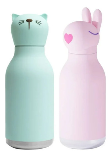 Botella De Acero Inoxidable Asobu Gato Y Conejo 460 Ml Rosa Y Verde Agua