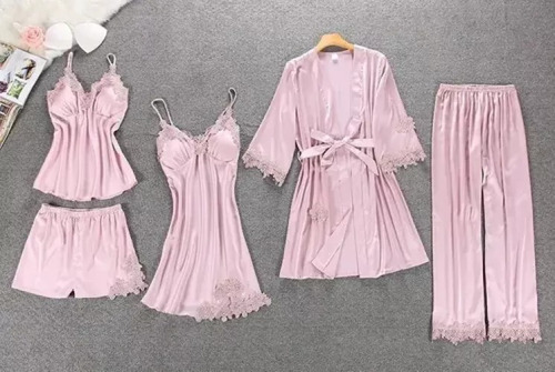 Set De Pijama Dama Sexi Ropa De Dormir Bata De Seda 5 Piezas