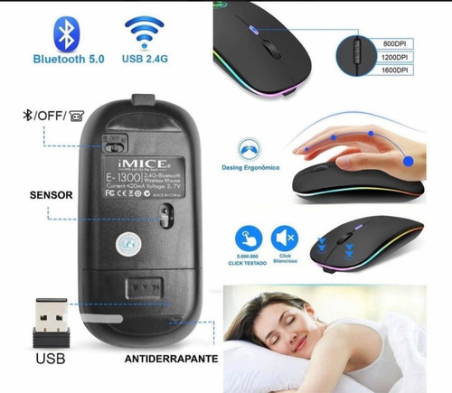 Mouse Hmaston Wireless Recarregável Led Rgb 2.4 Ghz Sem Fio
