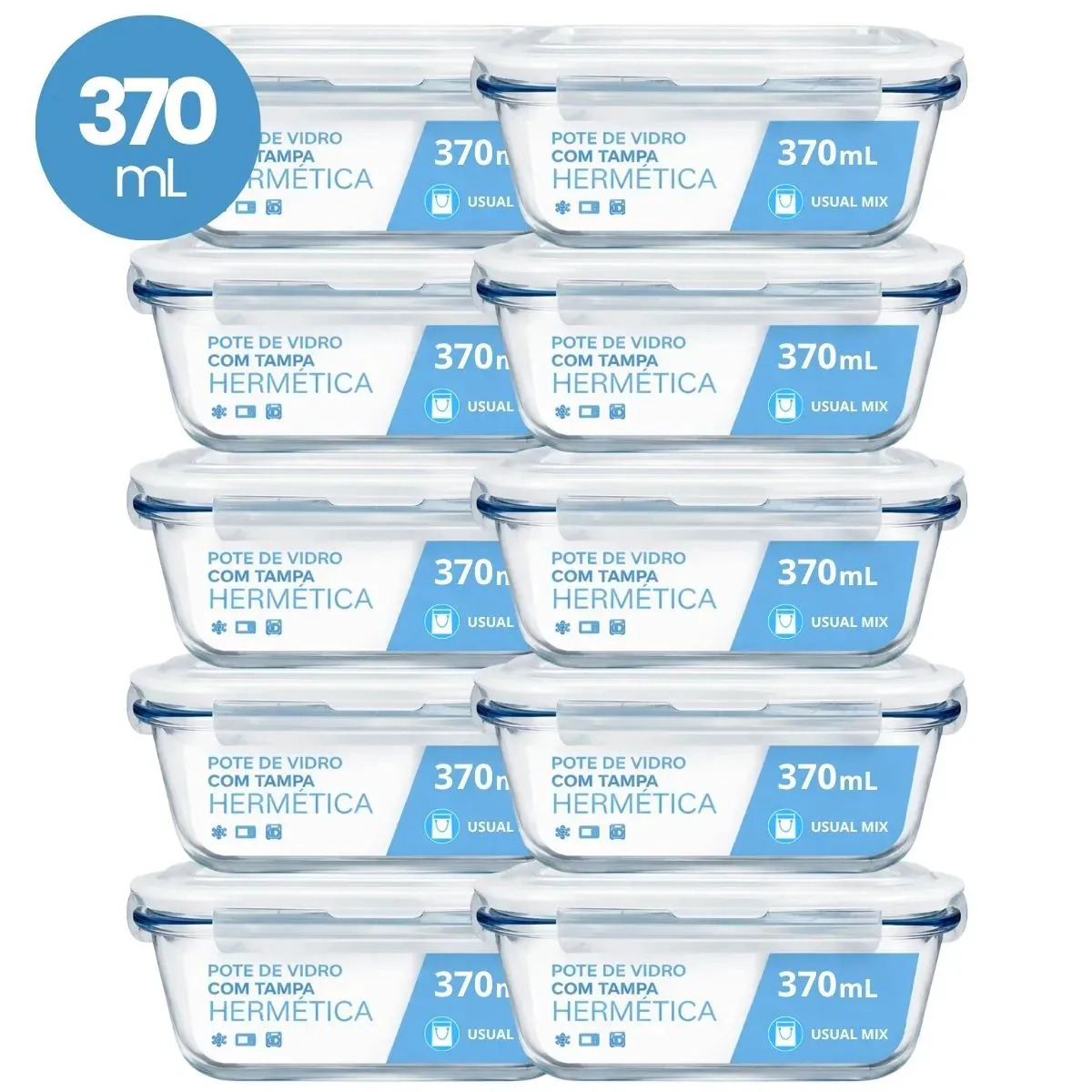 Kit 10 Pote Vidro Hermético Marmita 370ml Micro-ondas Freezer Forno Organização Geladeira