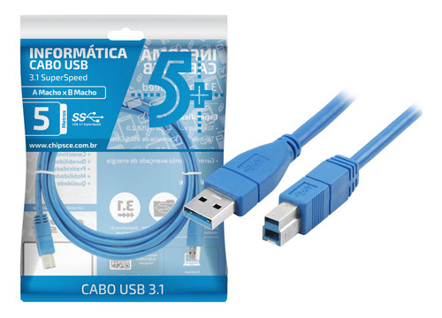 Cabo Usb-a Macho 3.0 X Usb-b Macho Super Rápido Azul - 5m