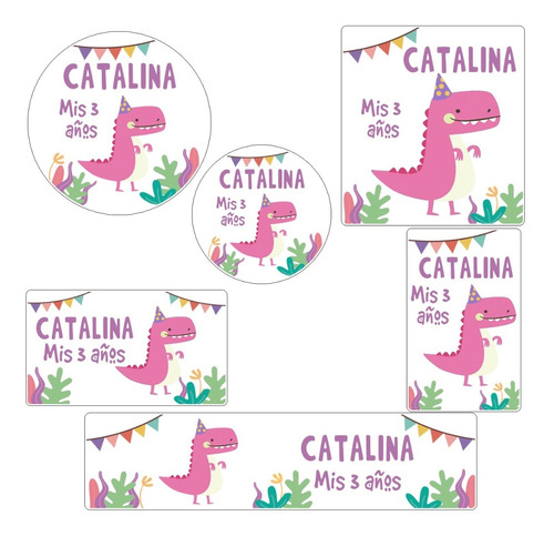 Kit 144 Stickers Dinosaurio Gracioso Rosa Candy Bar Etiqueta