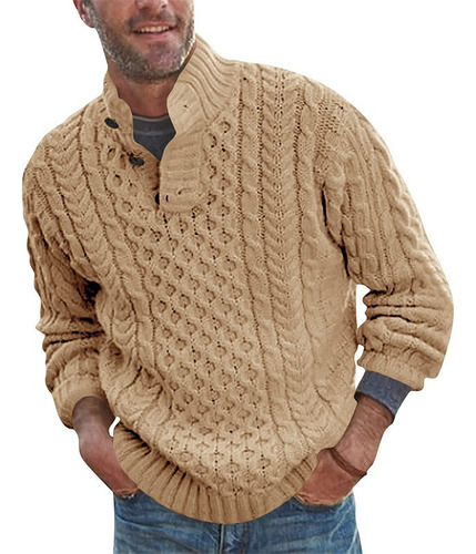 Suéter Hombre De Cuello Alto De Color Sólido Con Botones