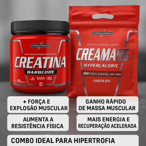 Kit Creatina Hardcore 300g Com Hypercalorico Creamass 3kg Sabores Chocolate
