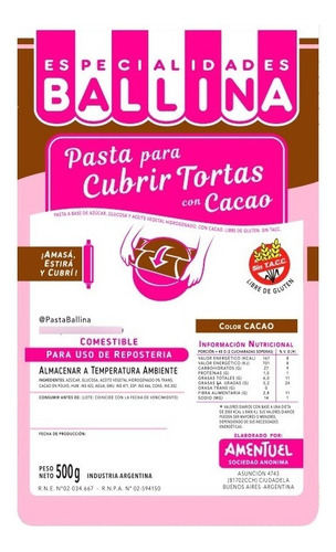 Pasta Ballina Para Cubrir Tortas Con Cacao 500grs