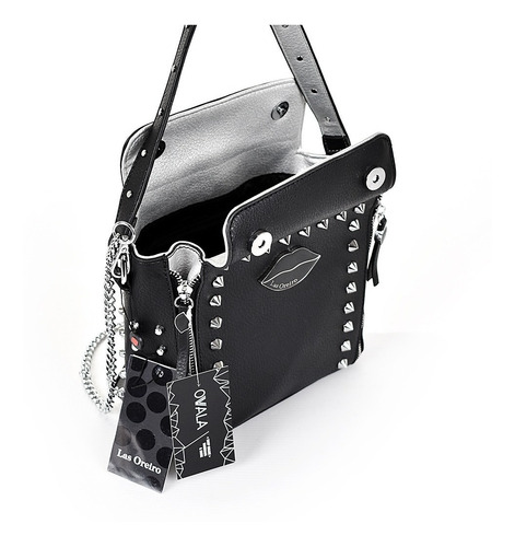 Imagen 6 de 6 de Cartera Bandolera Las Oreiro Morral Mujer Tachas Negra