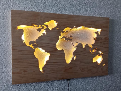 Cuadro Mapa En Madera De Pino De 2cm De Espesor Con Luz  Led